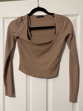 Zara Taupe Square-Neck Ribbed Long Sleeve Top